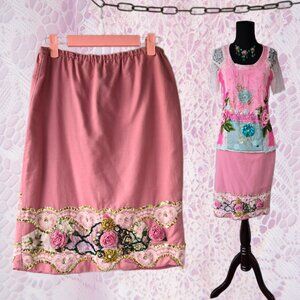 Handmade Pink Rose Embroidered Straight Skirt Fairycore Midi-Length Romantic XS
